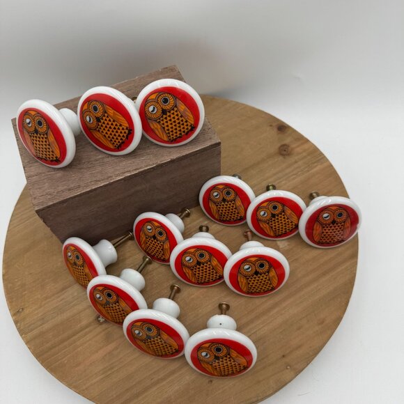 Owl vintage draw pulls knobs porcelain ceramic red orange black set of 13 made i - Picture 2 of 13